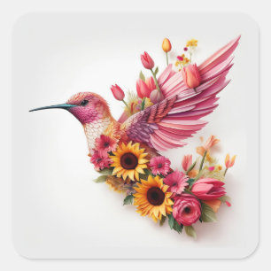 Humming bird flying with flowers square sticker
