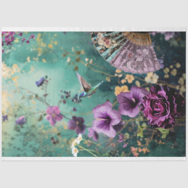 Humming Bird in the Garden, purple floral Tissue Paper (Front)