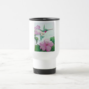 Humming bird wild pink flower hibiscus travel mug