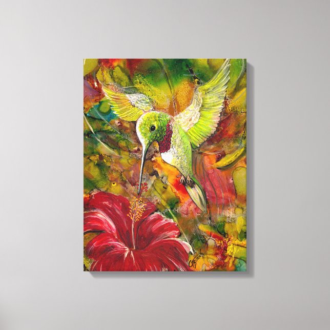 Humming bird with red hibiscus canvas print (Front)