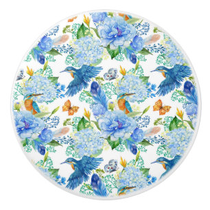 Humming Birds And Blue Hydrangea Ceramic Knob