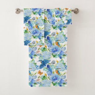 Humming Birds And Blue Hydrangea Towel