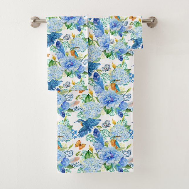 Humming Birds And Blue Hydrangea Towel (Insitu)