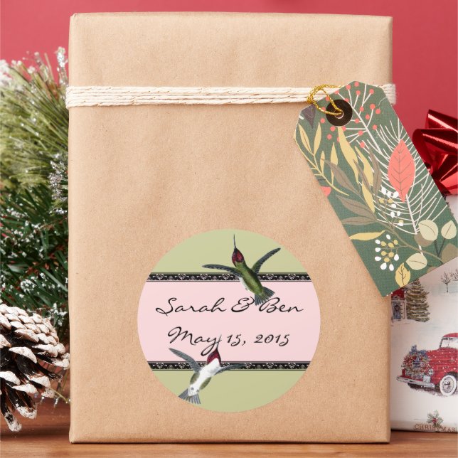 Humming Birds Grunge Hearts with Wings Classic Round Sticker (Holiday)