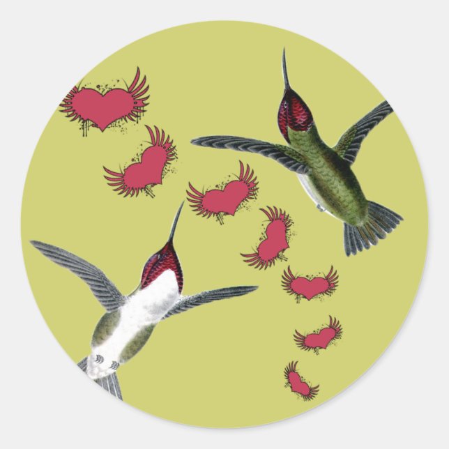 Humming Birds Grunge Hearts with Wings Classic Round Sticker (Front)