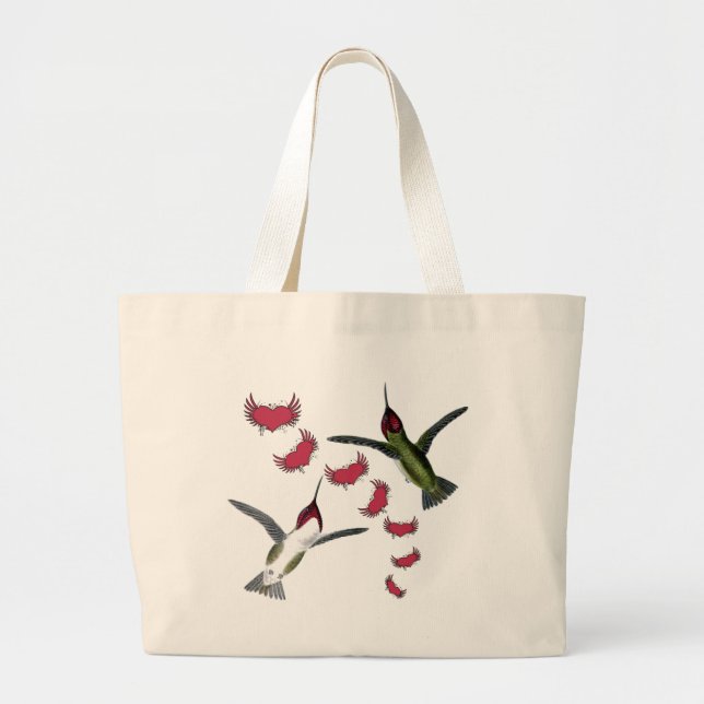 Humming Birds Grunge Hearts with Wings Large Tote Bag (Front)