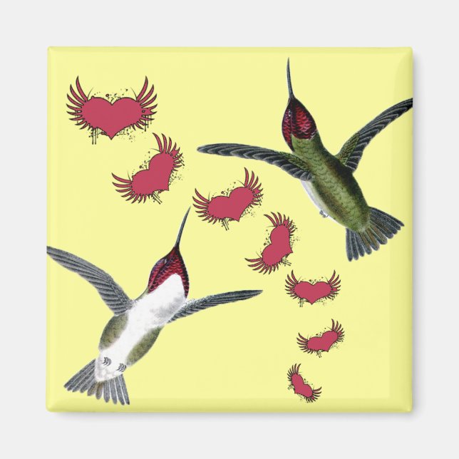 Humming Birds Grunge Hearts with Wings Magnet (Front)