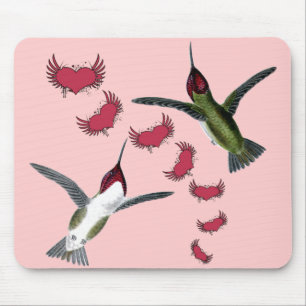 Humming Birds Grunge Hearts with Wings Mouse Mat