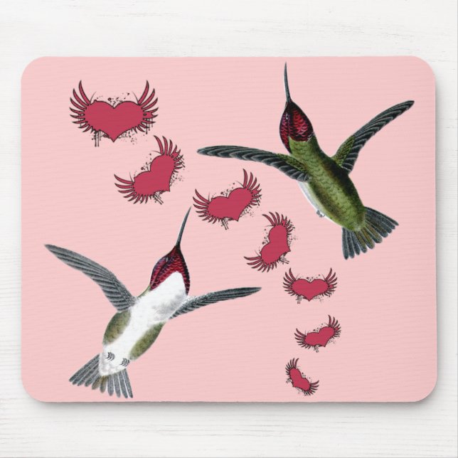 Humming Birds Grunge Hearts with Wings Mouse Mat (Front)