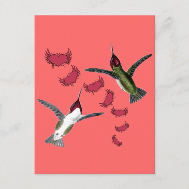 Humming Birds Whimsical Hearts with Wings Postcard (Front)