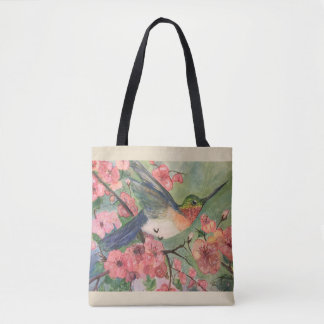 Hummingbird and blossoms tote