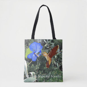 Hummingbird and blue Hibiscus with tropical plants Tote Bag