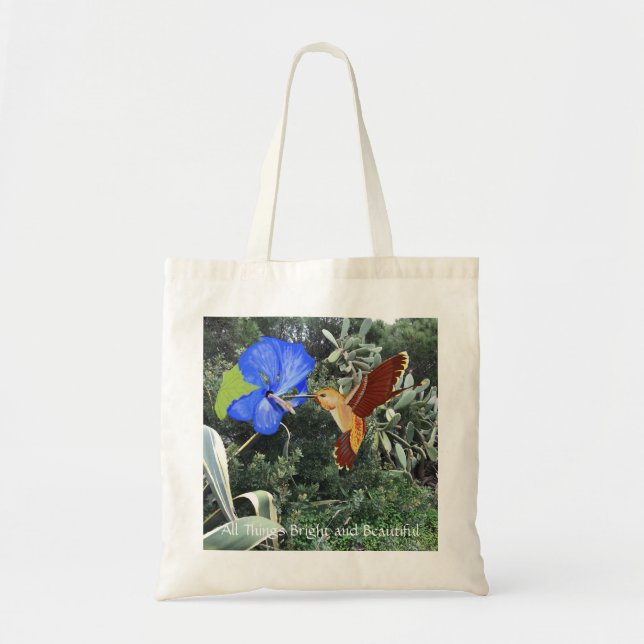 Hummingbird and blue Hibiscus with tropical plants Tote Bag (Front)