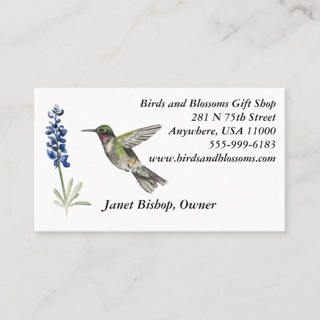 Hummingbird and Bluebonnet Business Card (Front)