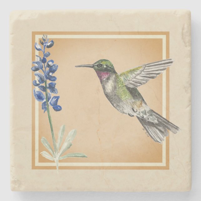 Hummingbird and Bluebonnet on Neutral Background Stone Coaster (Front)