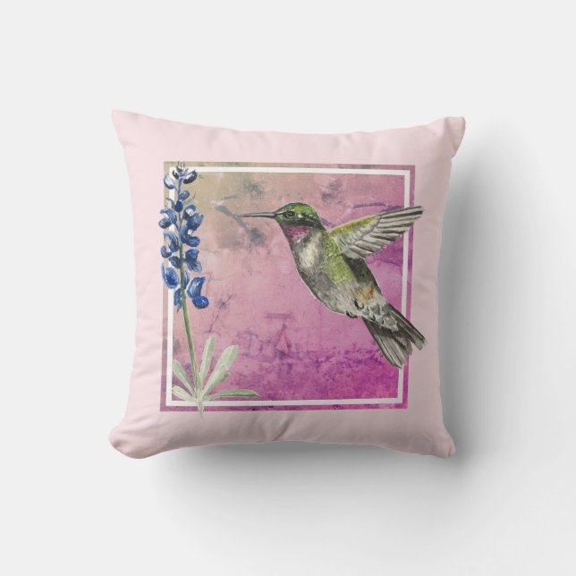 Hummingbird and Bluebonnet on Pink Background Cushion (Front)
