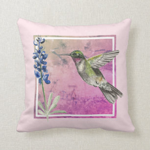 Hummingbird and Bluebonnet on Pink Background Cushion