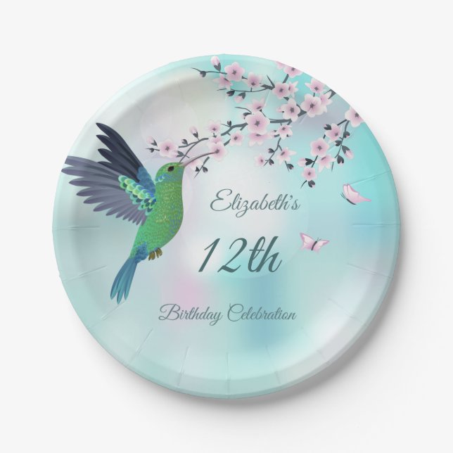 Hummingbird And Cherry Blossom |  Birthday  Paper Plate (Front)