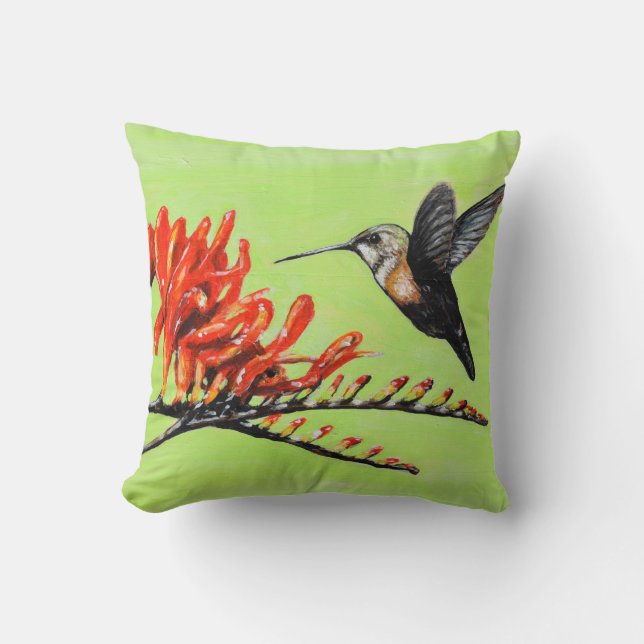 Hummingbird and Crocosmia Painting Cushion (Front)