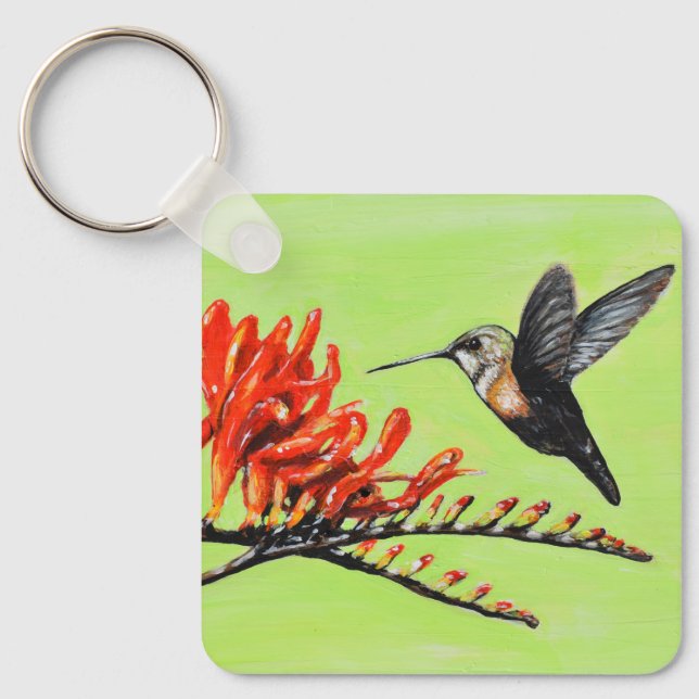 Hummingbird and Crocosmia Painting Keychain (Front)