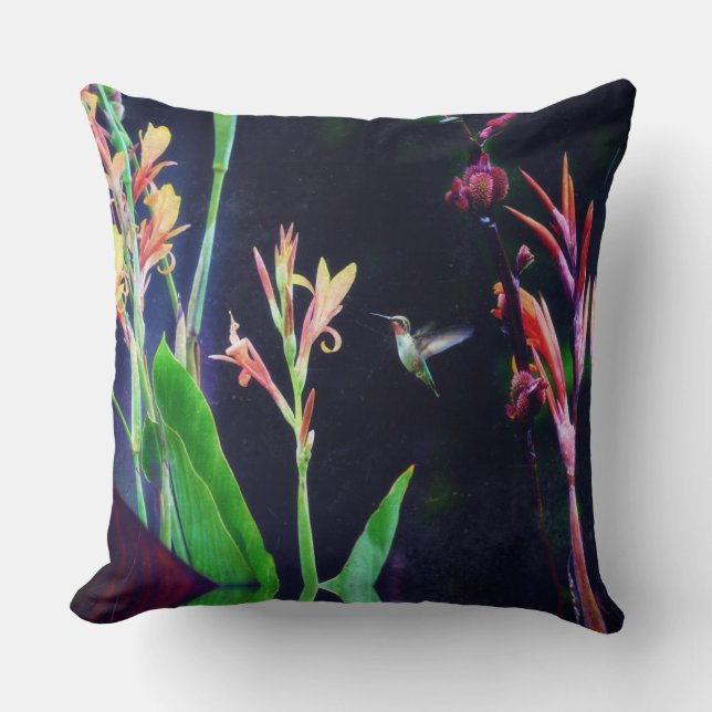 Hummingbird and Exotic Flowers Dark Colours Cushion (Front)