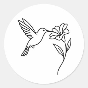 Hummingbird and Flower – Minimalist Black Line Art Classic Round Sticker