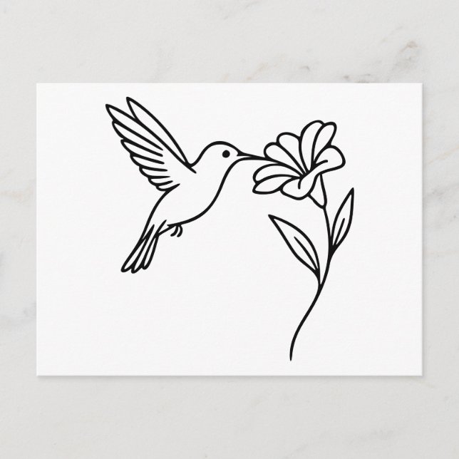 Hummingbird and Flower – Minimalist Black Line Art Postcard (Front)