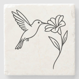 Hummingbird and Flower – Minimalist Black Line Art Stone Coaster