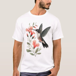 Hummingbird and Flowers - Minimalist Art T-Shirt