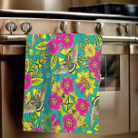 HUMMINGBIRD and Flowers Tea Towel<br><div class="desc">bright pink and yellow,  hummingbird in styalised design</div>