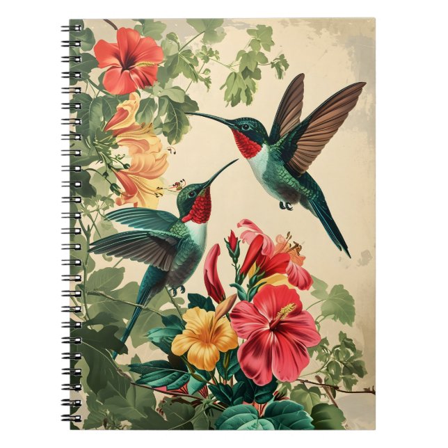 Hummingbird and Flowers: Vintage Postcard Notebook (Front)