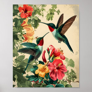 Hummingbird and Flowers: Vintage Poster