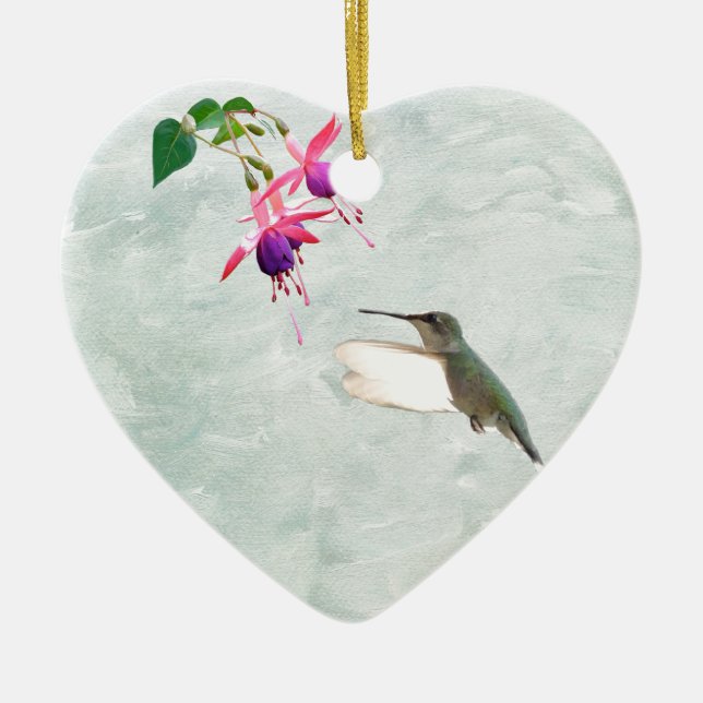 Hummingbird and Fuschia Ceramic Tree Decoration (Front)