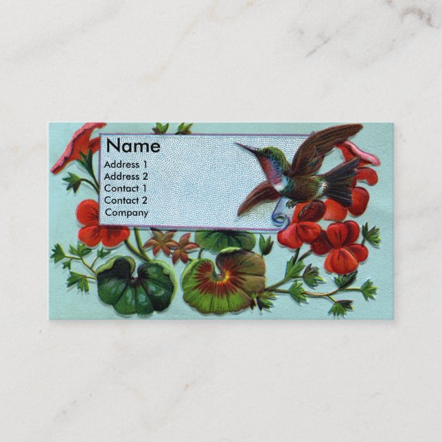 Hummingbird and Geraniums Victorian Business Card (Front)