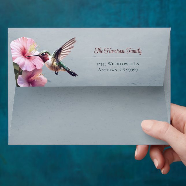 Hummingbird and Hibiscus | Blue Wedding Envelope (Hand)