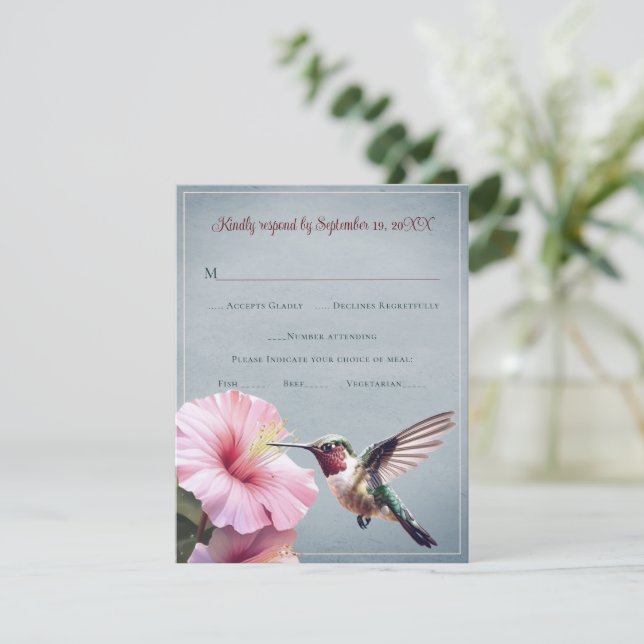 Hummingbird and Hibiscus | Blue Wedding RSVP (Standing Front)