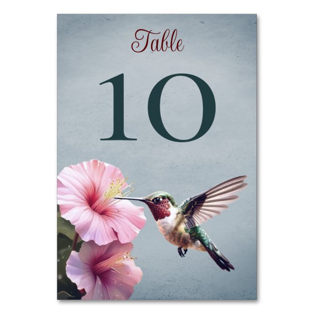 Hummingbird and Hibiscus | Blue Wedding  Table Number (Front)