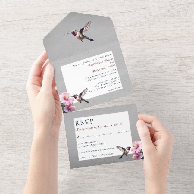 Hummingbird and Hibiscus | Grey Wedding All In One Invitation (Tearaway)