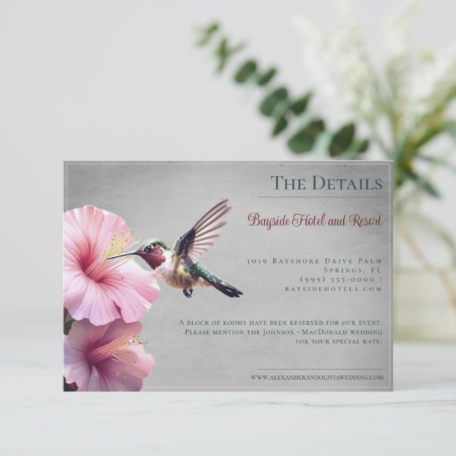 Hummingbird and Hibiscus | Grey Wedding Enclosure Card (Standing Front)