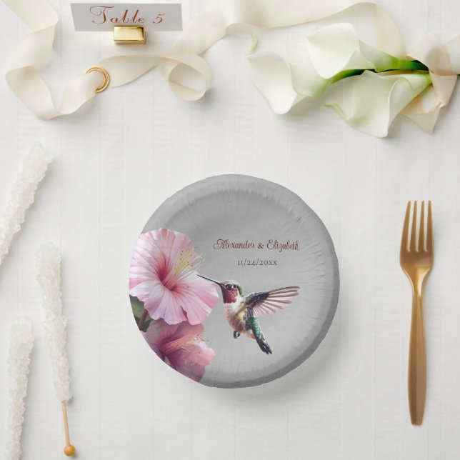 Hummingbird and Hibiscus | Grey Wedding Paper Plate (Wedding)