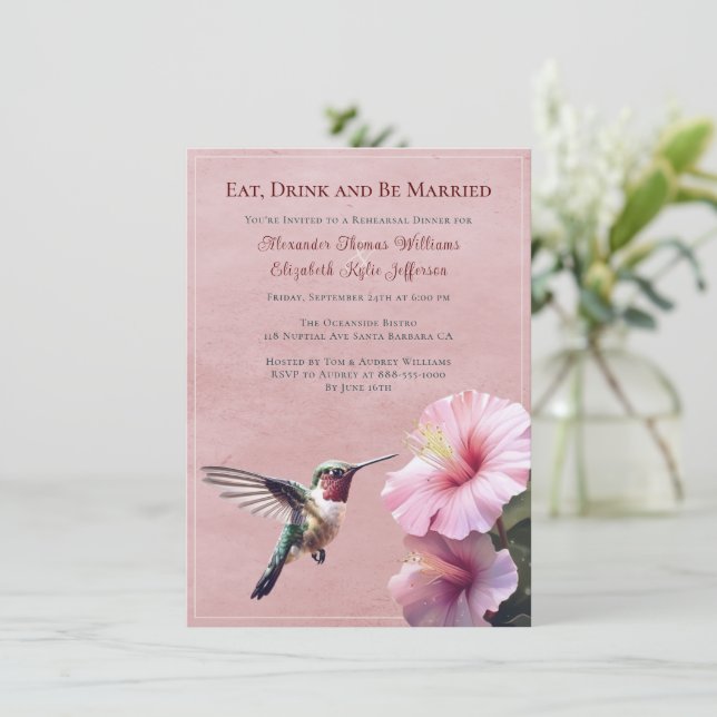 Hummingbird and Hibiscus | Pink Rehearsal Dinner Invitation (Standing Front)