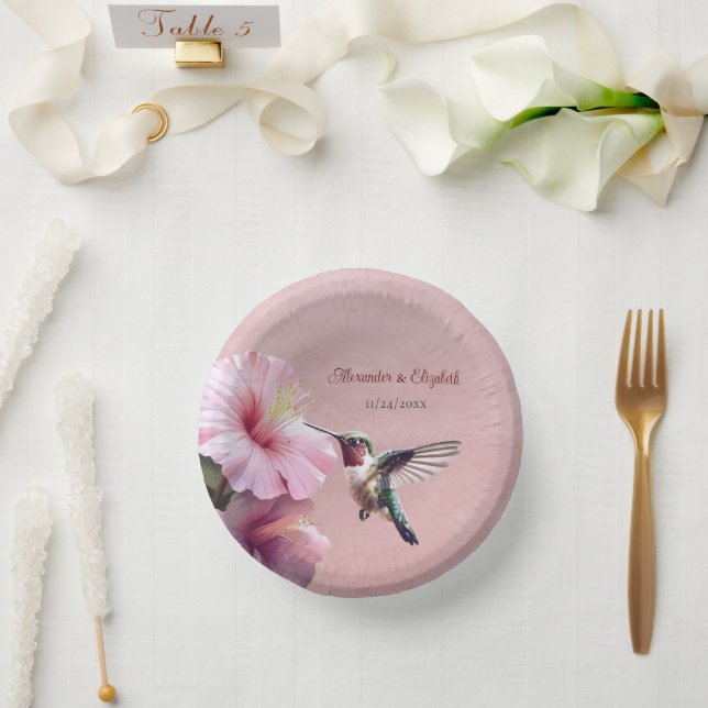 Hummingbird and Hibiscus | Pink Wedding Paper Plate (Wedding)