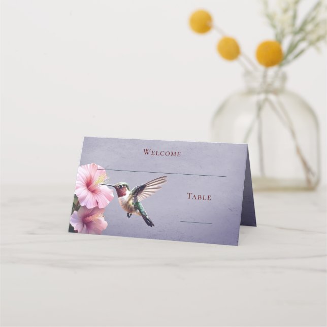 Hummingbird and Hibiscus | Purple Reception Place Card (Front)