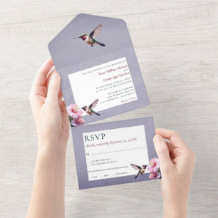 Hummingbird and Hibiscus   Purple Wedding All In One Invitation