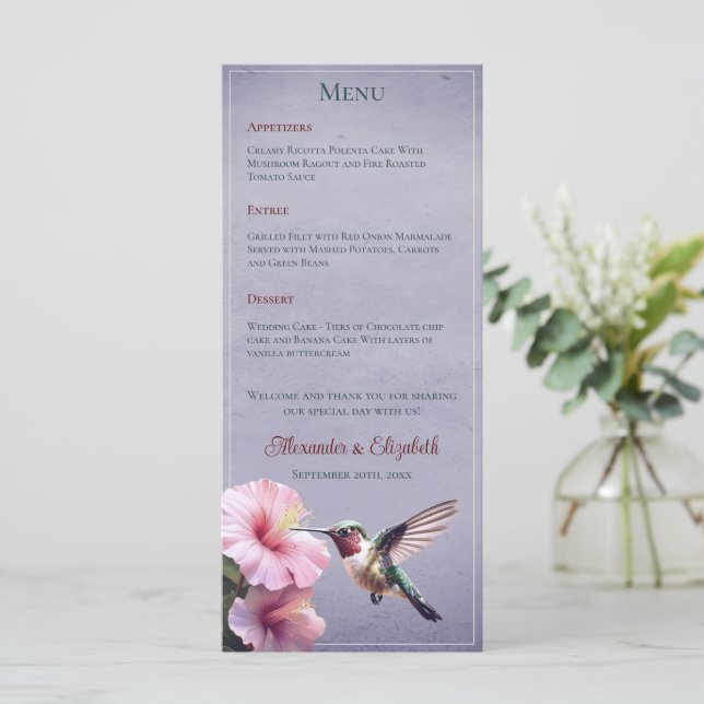 Hummingbird and Hibiscus | Purple Wedding Menu (Standing Front)