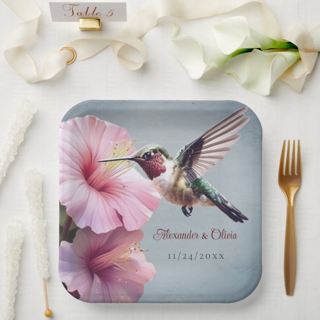 Hummingbird and Hibiscus Wedding | Blue Paper Plate (Wedding)