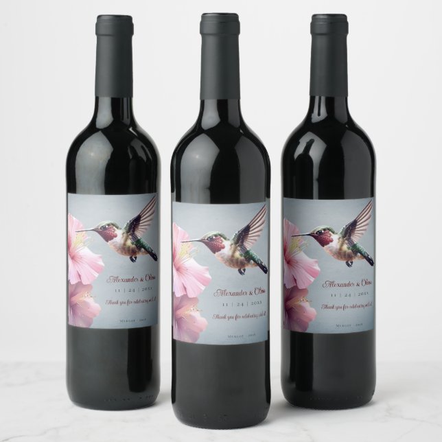Hummingbird and Hibiscus Wedding | Blue Wine Label (Bottles)