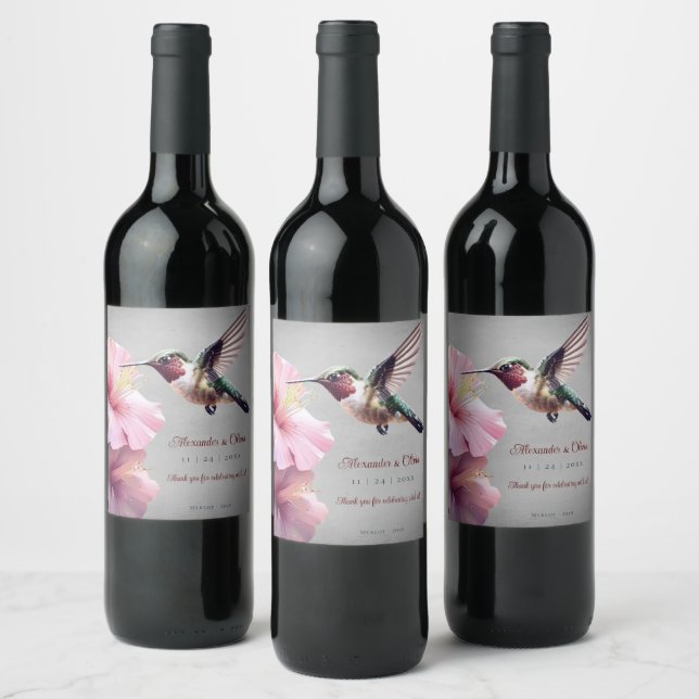 Hummingbird and Hibiscus Wedding | Grey Wine Label (Bottles)