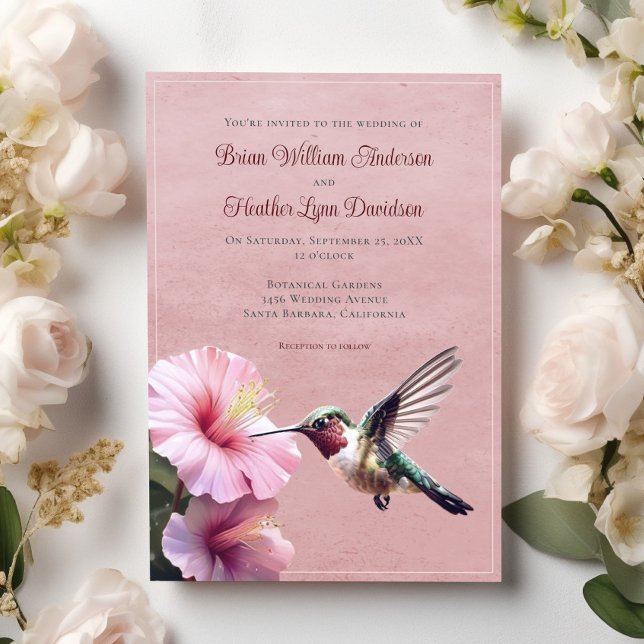 Hummingbird and Hibiscus Wedding | Pink Invitation (Pink Hummingbird and Hibiscus Wedding Invitation)