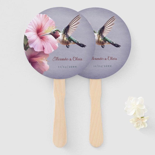 Hummingbird and Hibiscus Wedding | Purple Hand Fan (Front and Back)